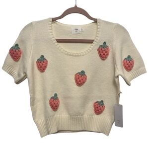 LUNA IVY Strawberry Short Sleeve Sweater, Pink Crochet Cropped
